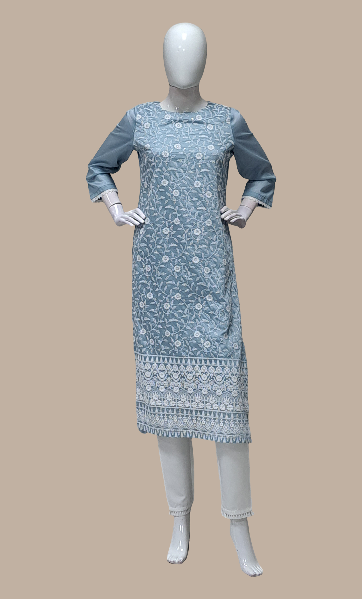 Grey Embroidered Kurti Top & Pants