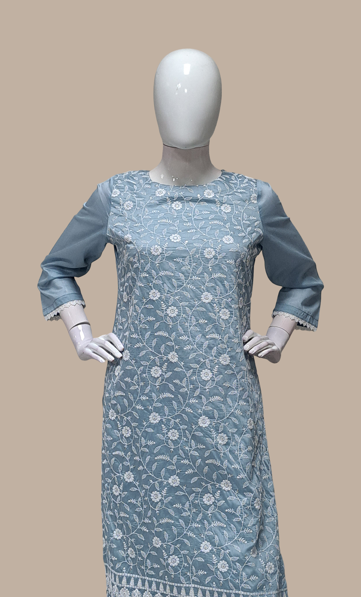 Grey Embroidered Kurti Top & Pants