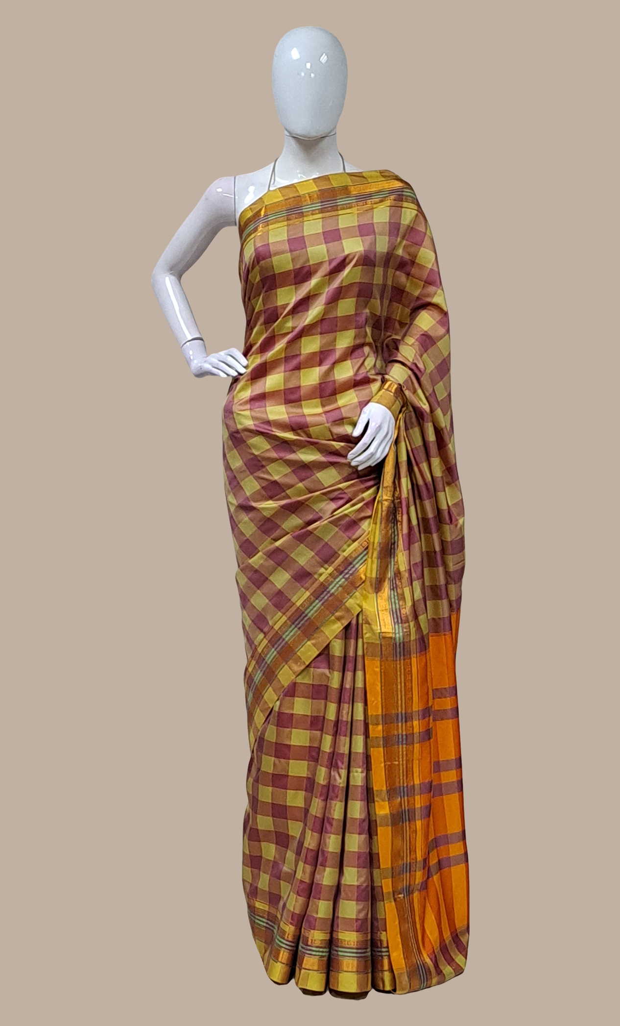 Olive Check Kanjivaram Sari