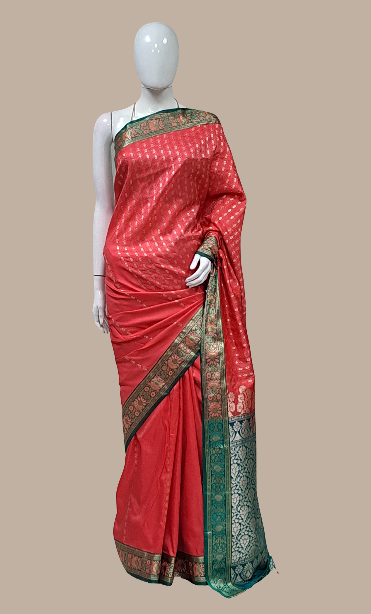 Deep Salmon Pink Woven Art Silk Sari