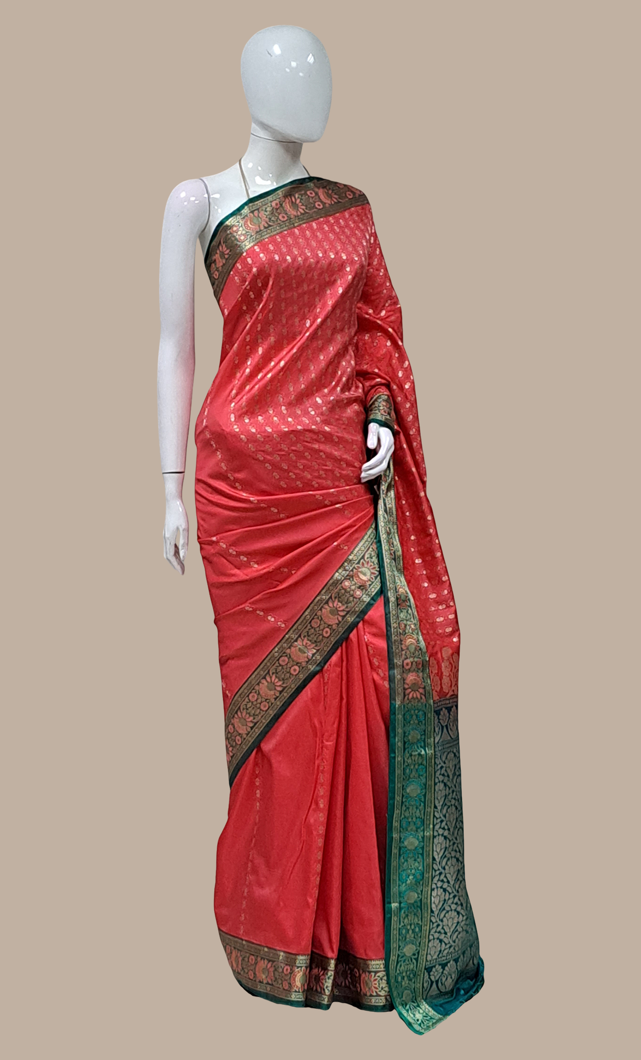 Deep Salmon Pink Woven Art Silk Sari