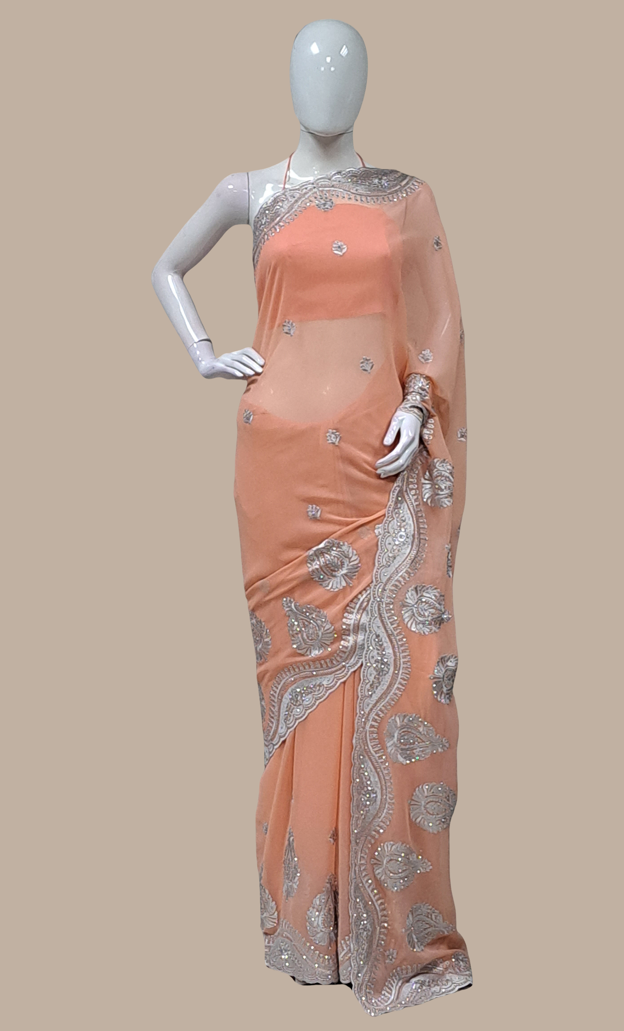 Deep Peach Embroidered Sari