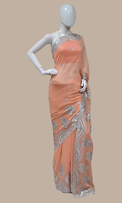 Deep Peach Embroidered Sari