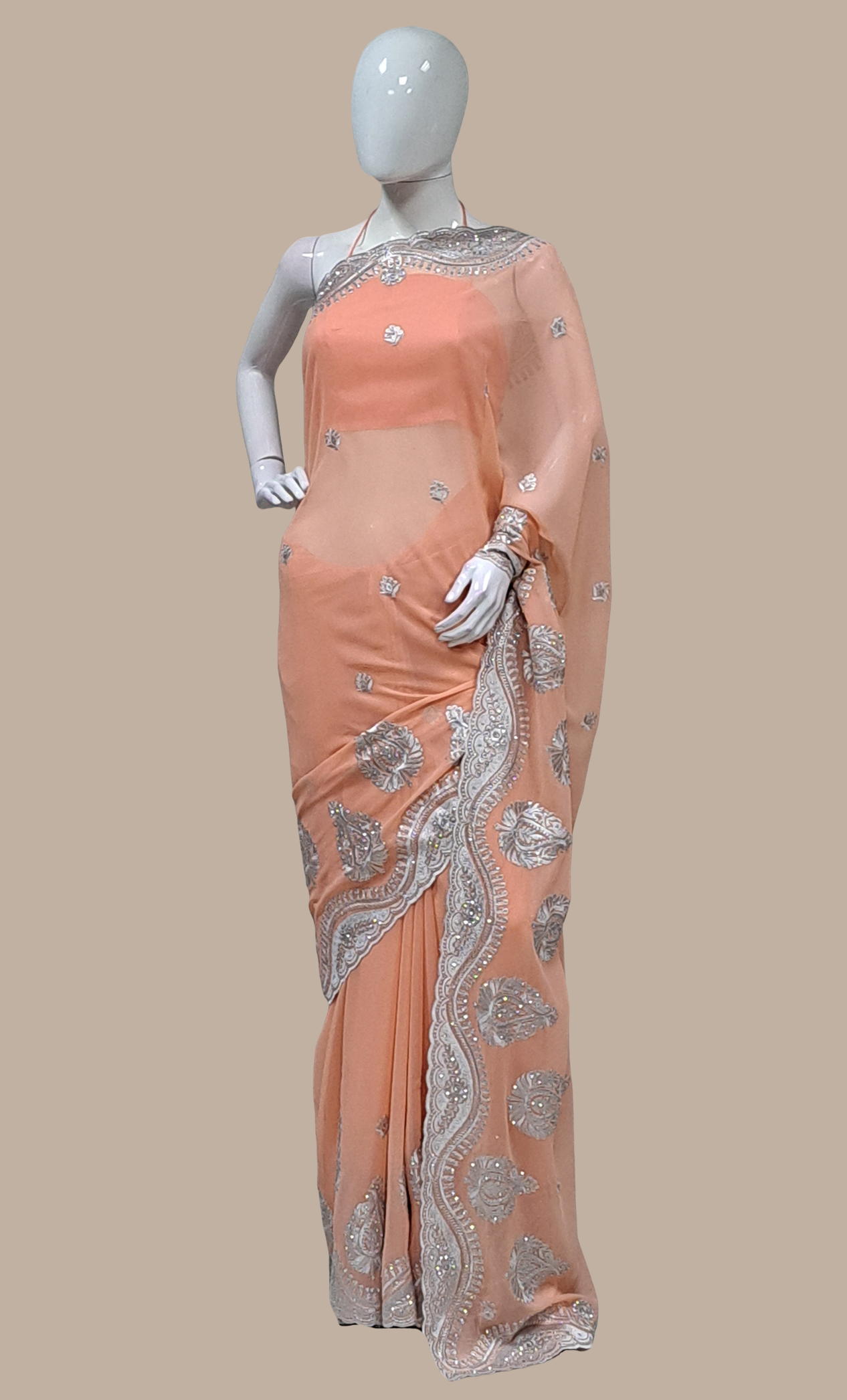 Deep Peach Embroidered Sari