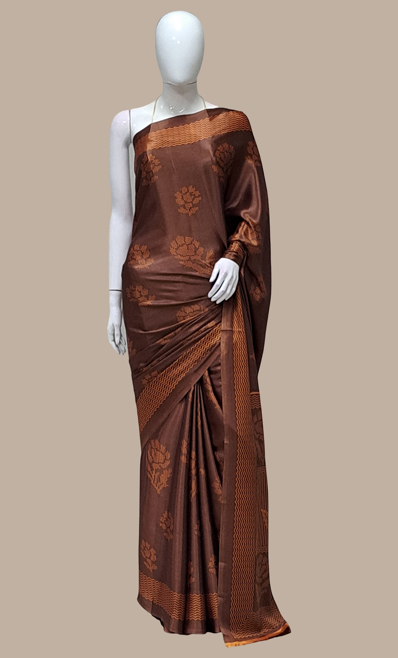 Deep Brown Printed Sari