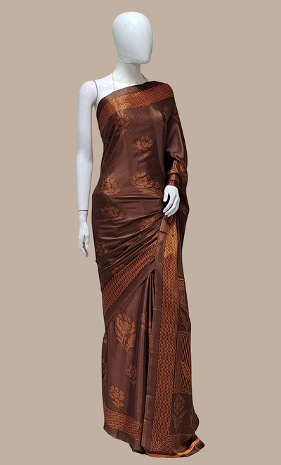 Deep Brown Printed Sari