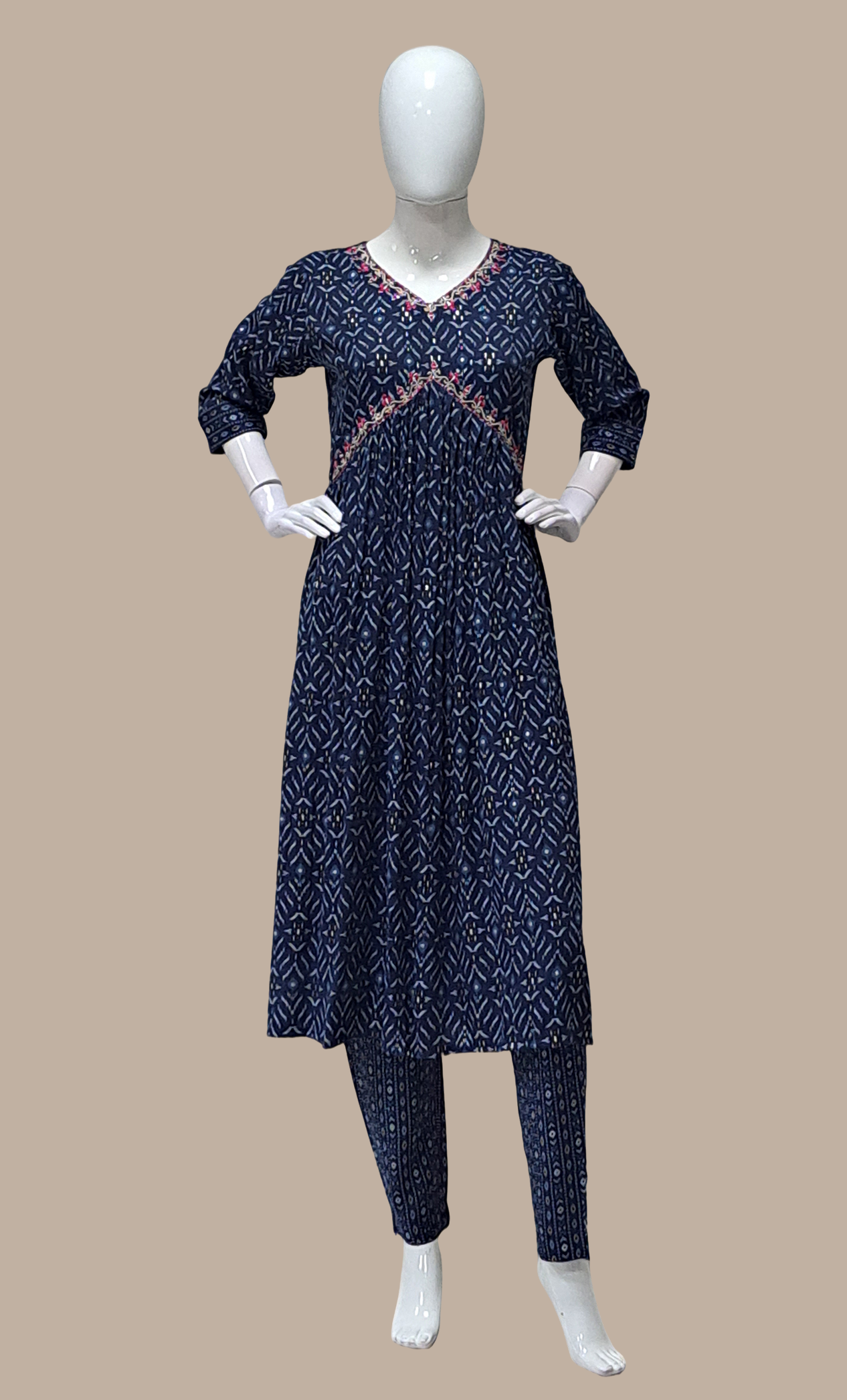 Navy Printed Kurti Top & Pants