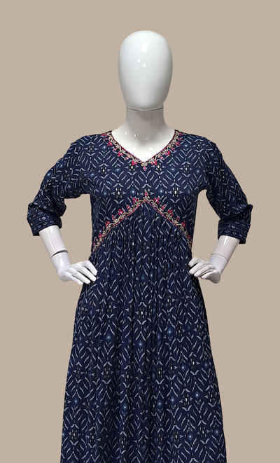 Navy Printed Kurti Top & Pants