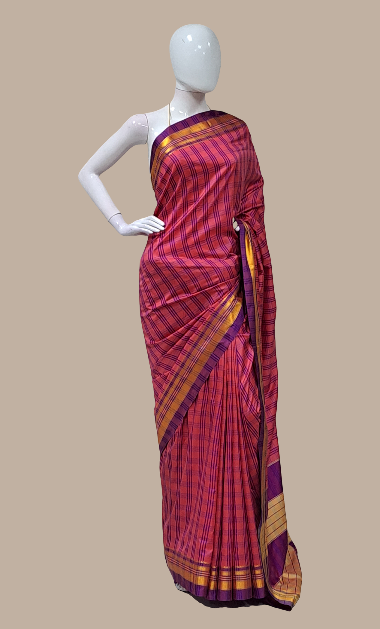 Deep Mink Check Kanjivaram Sari