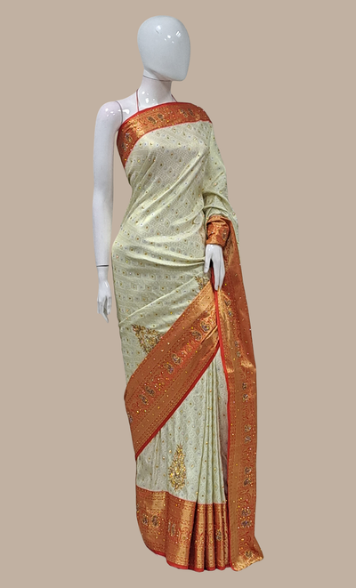 Cream Embroidered Pure Silk Bridal Sari