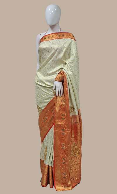 Cream Embroidered Pure Silk Bridal Sari