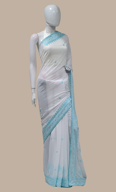 Soft Blue Cotton Embroidered Sari