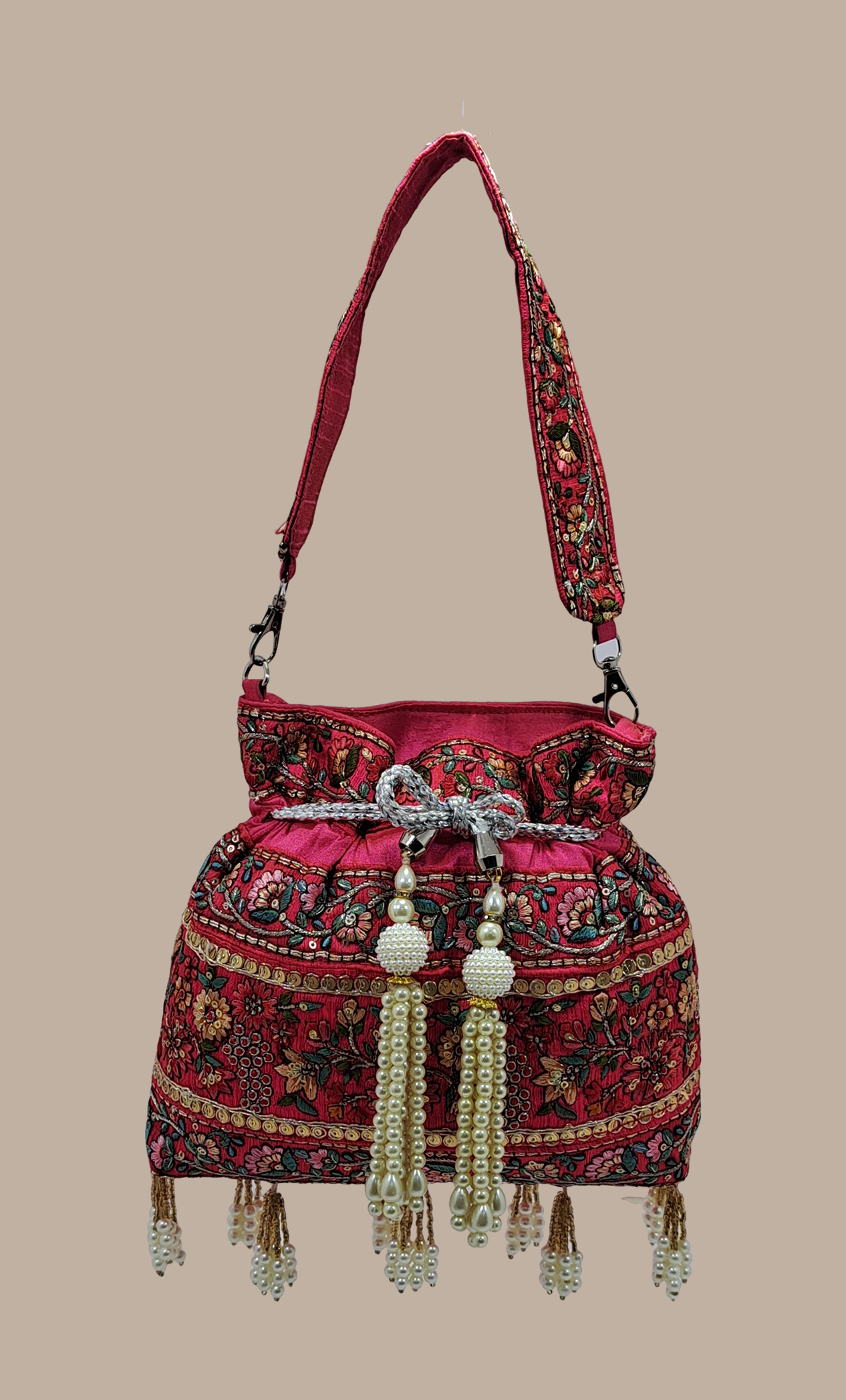 Cerise Embroidered Pouch Bag