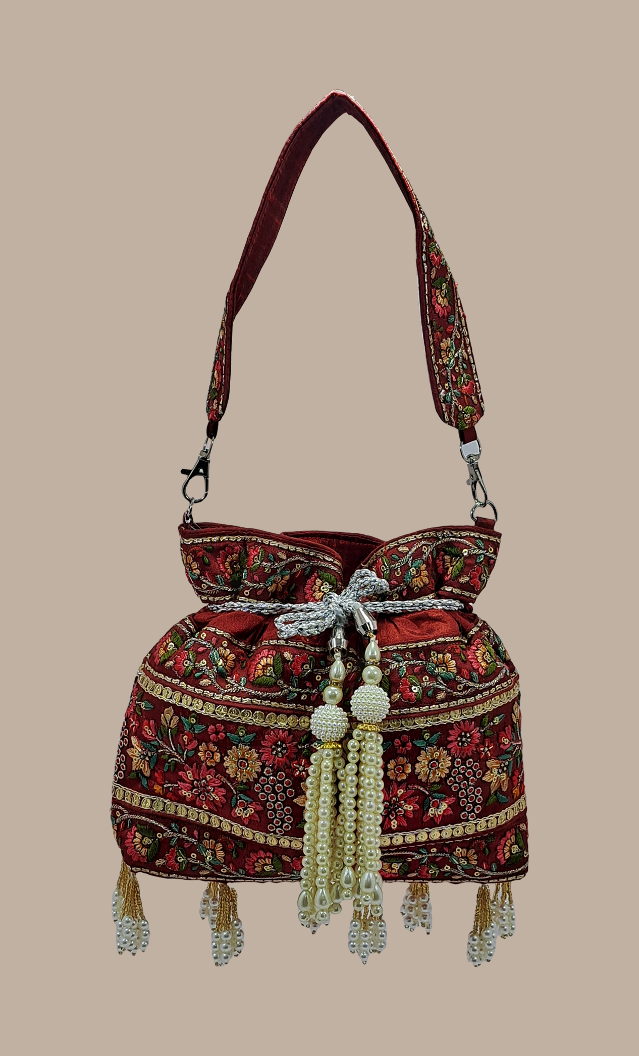 Maroon Embroidered Pouch Bag