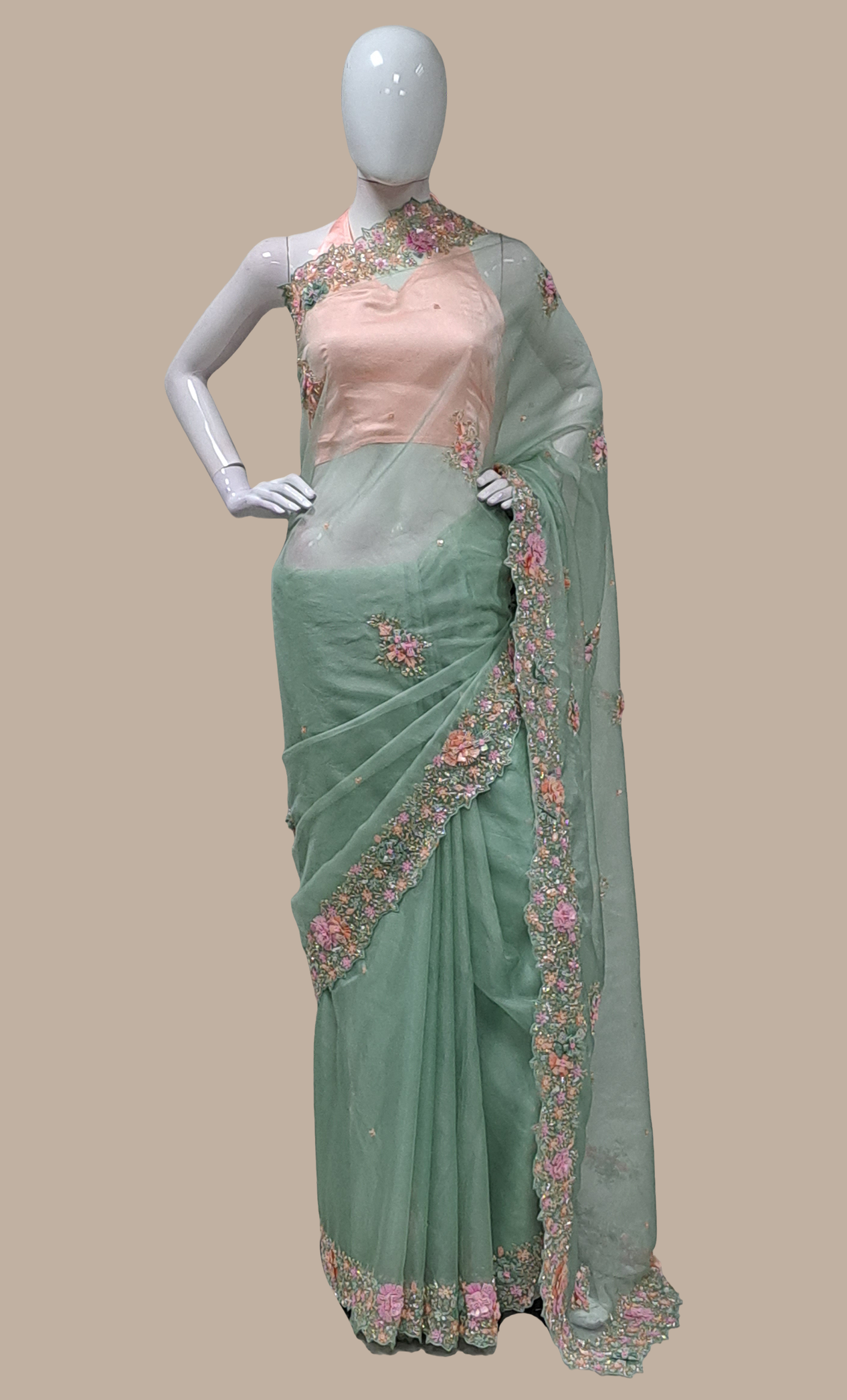 Mint Green Embroidered Sari