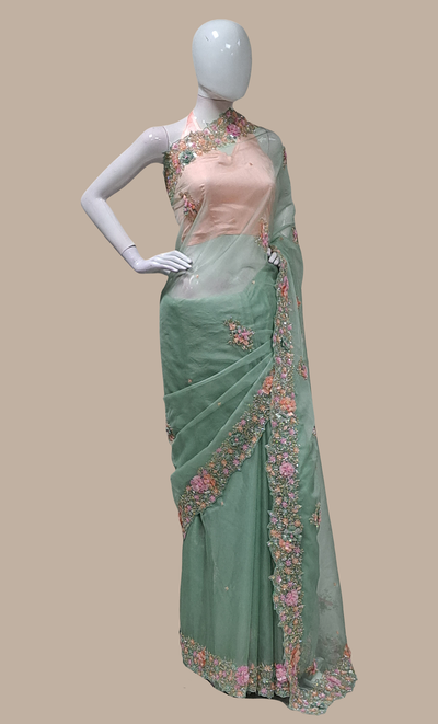 Mint Green Embroidered Sari