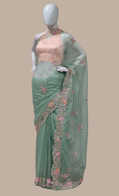 Mint Green Embroidered Sari