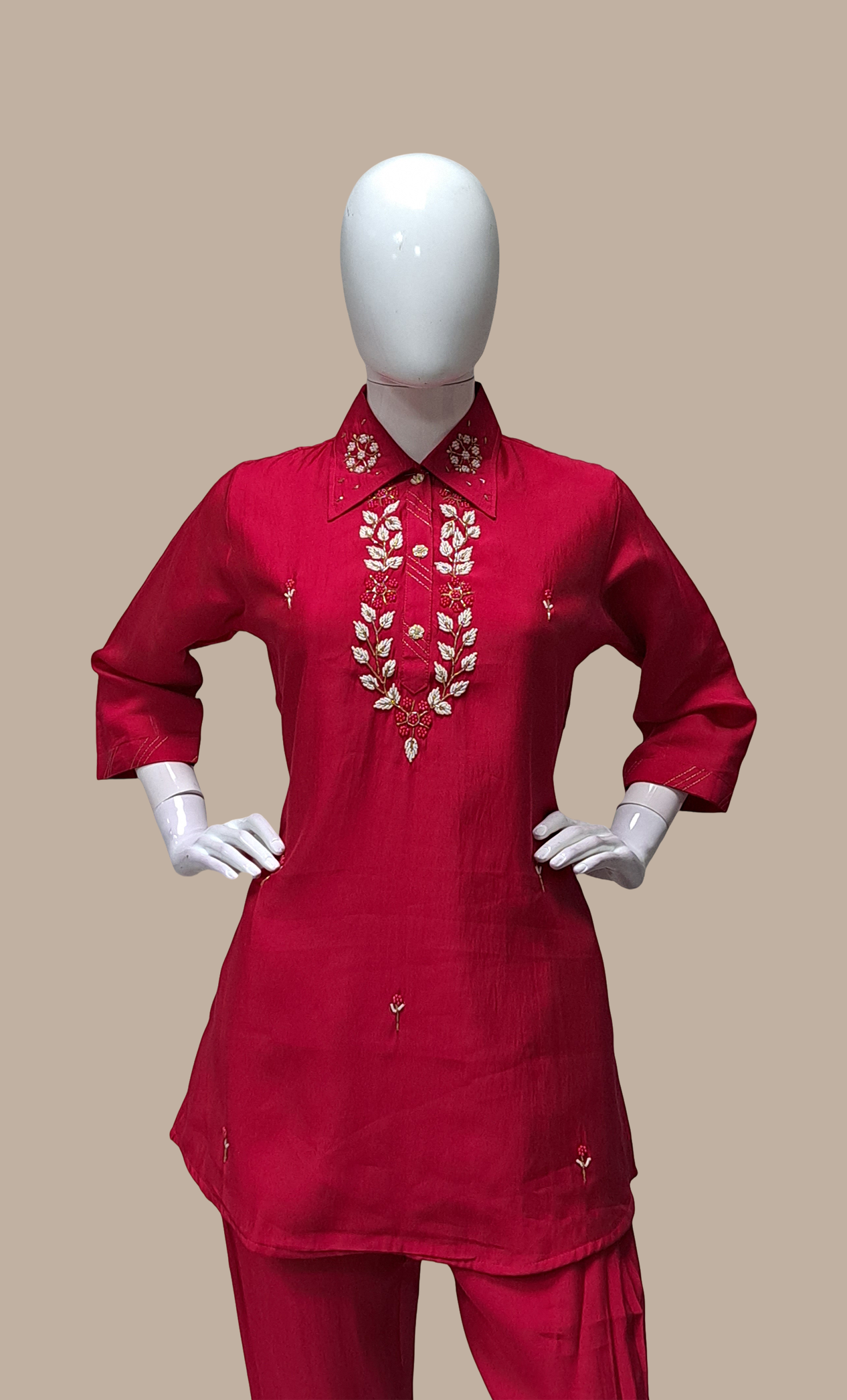 Deep Cerise Embroidered Fusion Kurti & Pants