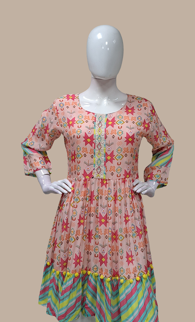 Light Peach Printed Kurti Dress & Dupatta