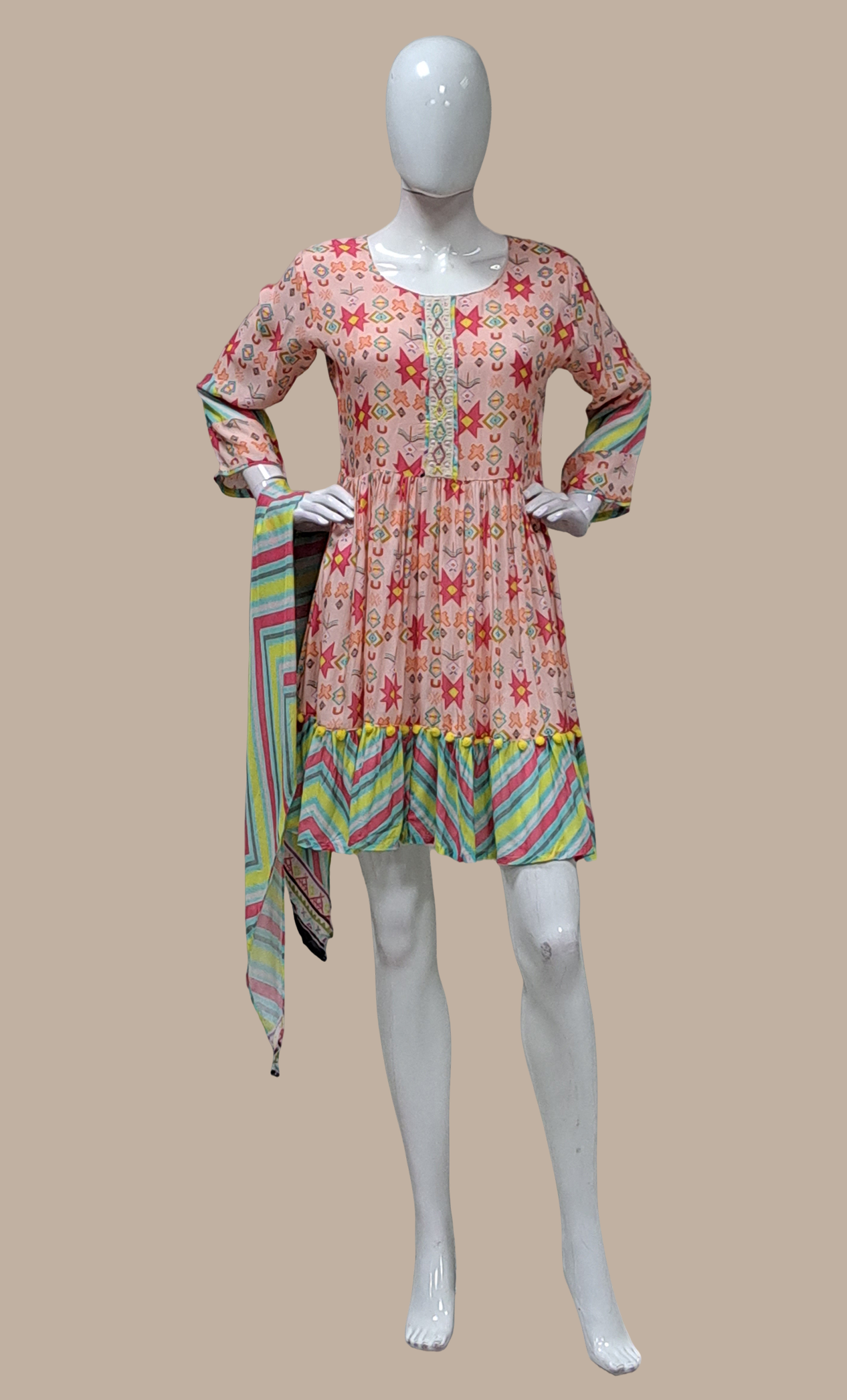 Light Peach Printed Kurti Dress & Dupatta