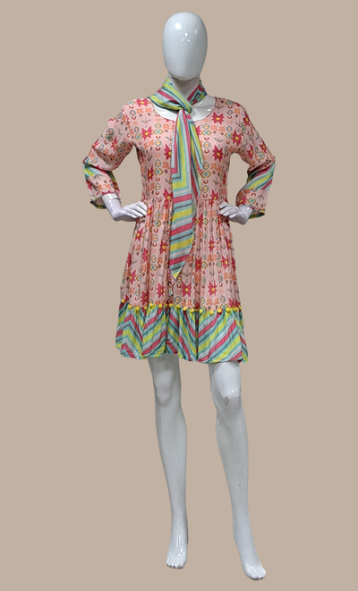 Light Peach Printed Kurti Dress & Dupatta