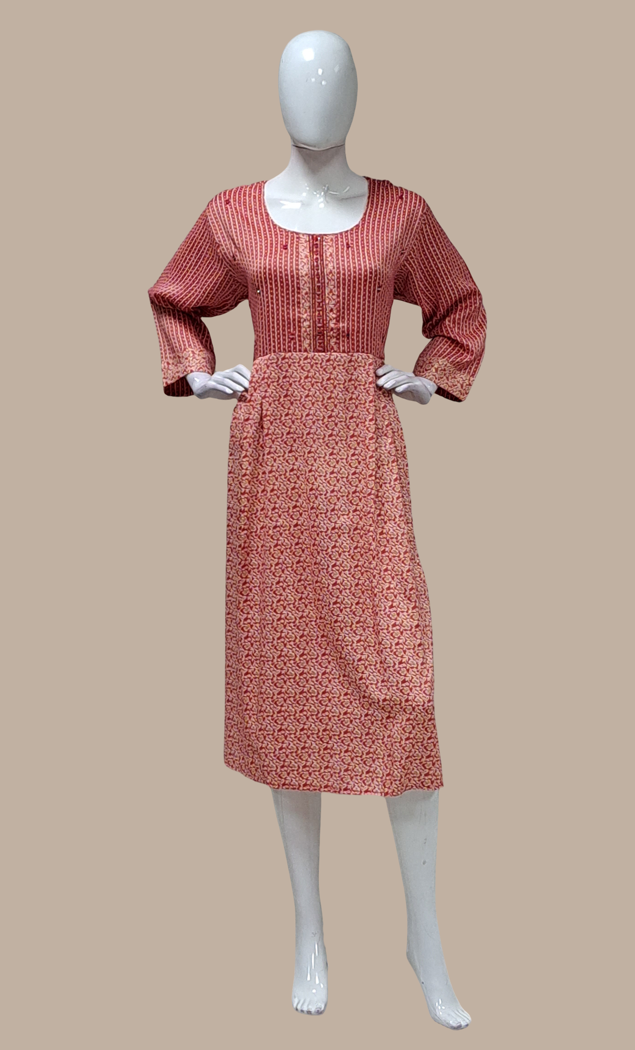 Deep Coral Printed Kurti Dress