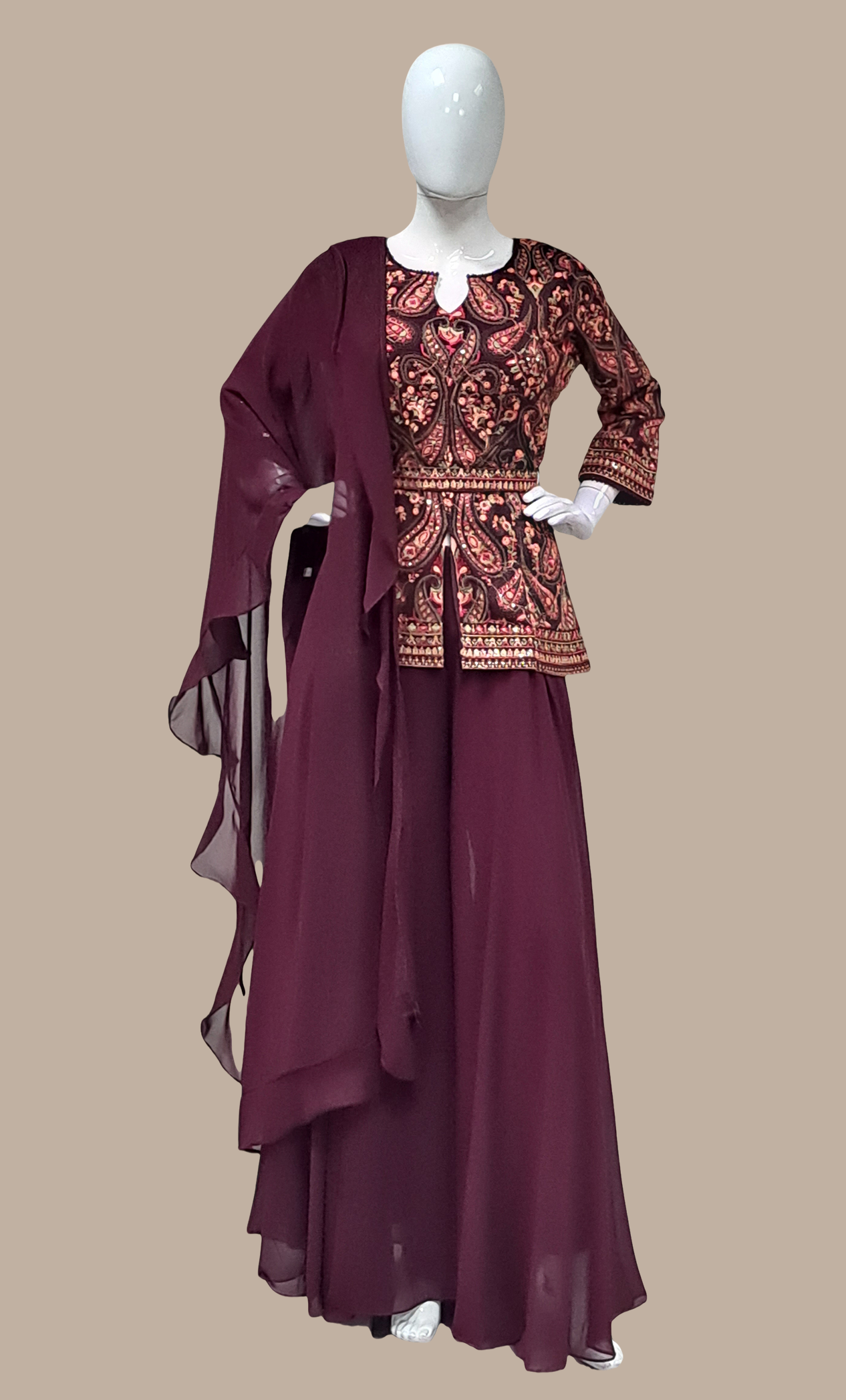 Dark Plum Embroidered Palazzo Set