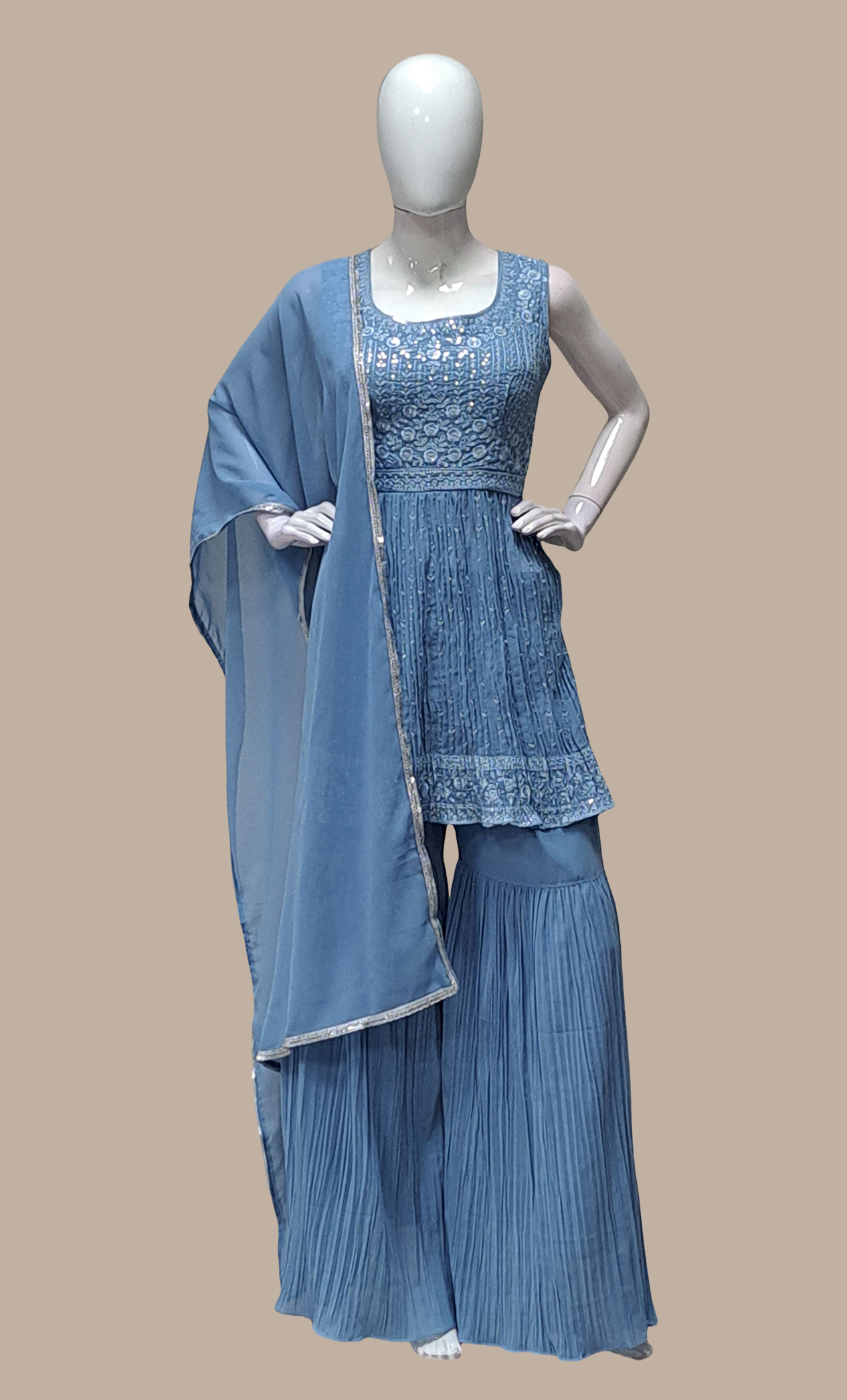 Grey Blue Embroidered Palazzo Set