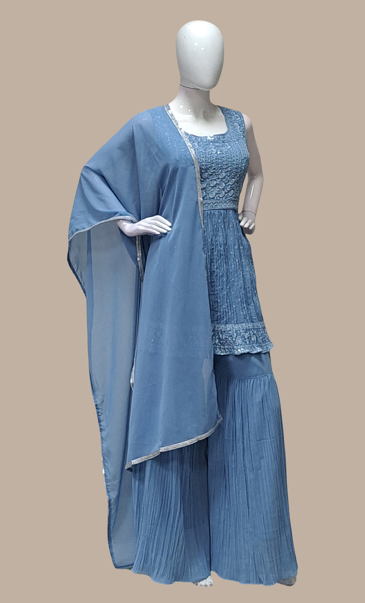 Grey Blue Embroidered Palazzo Set