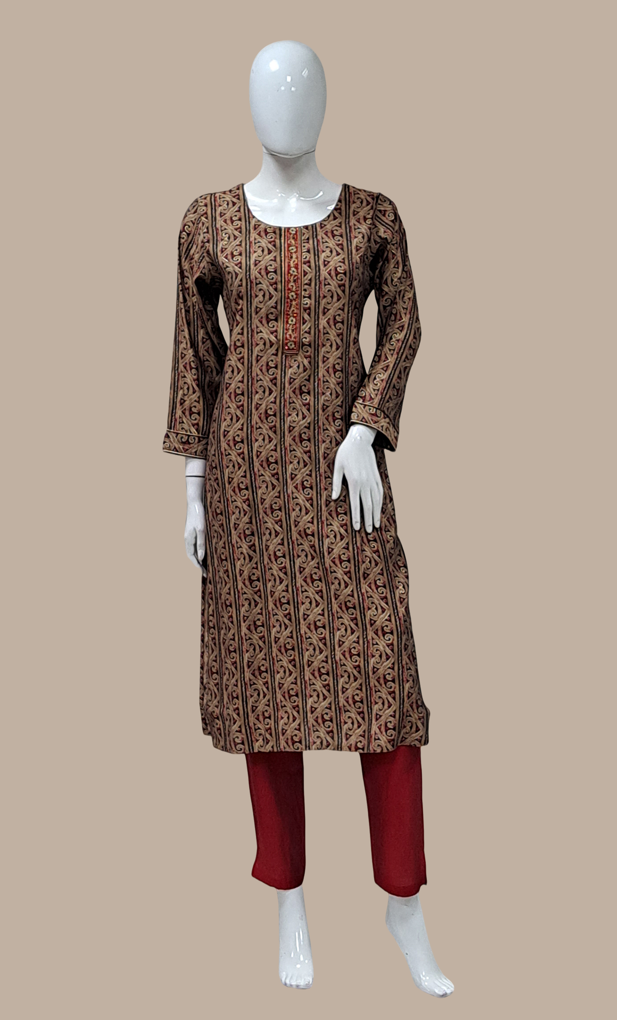 Dark Beige Printed Kurti Top & Pants