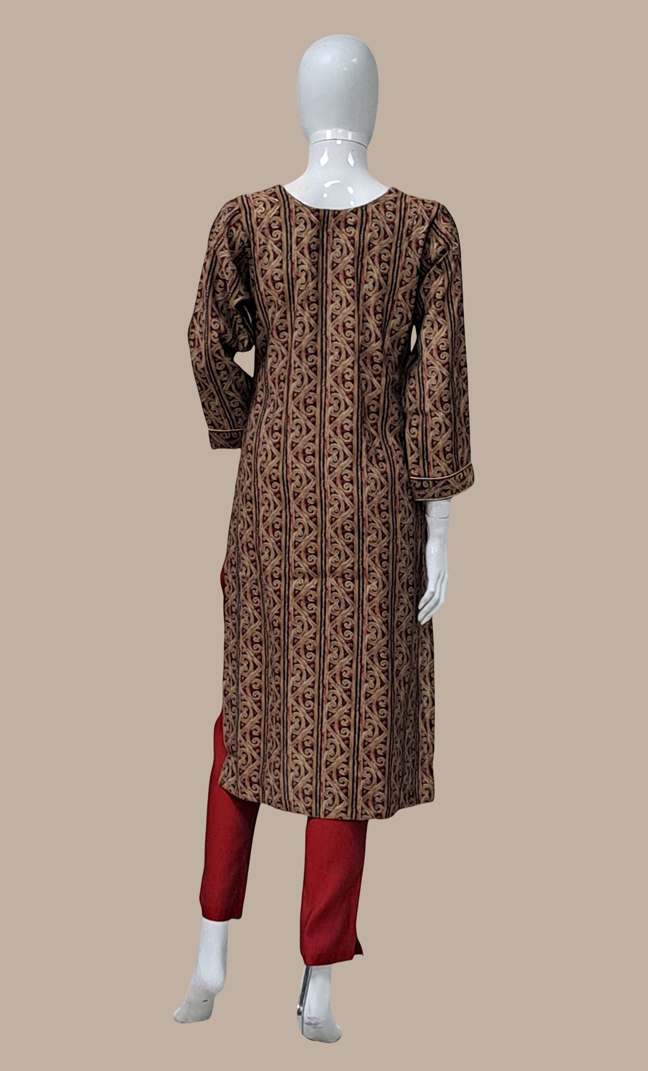 Dark Beige Printed Kurti Top & Pants