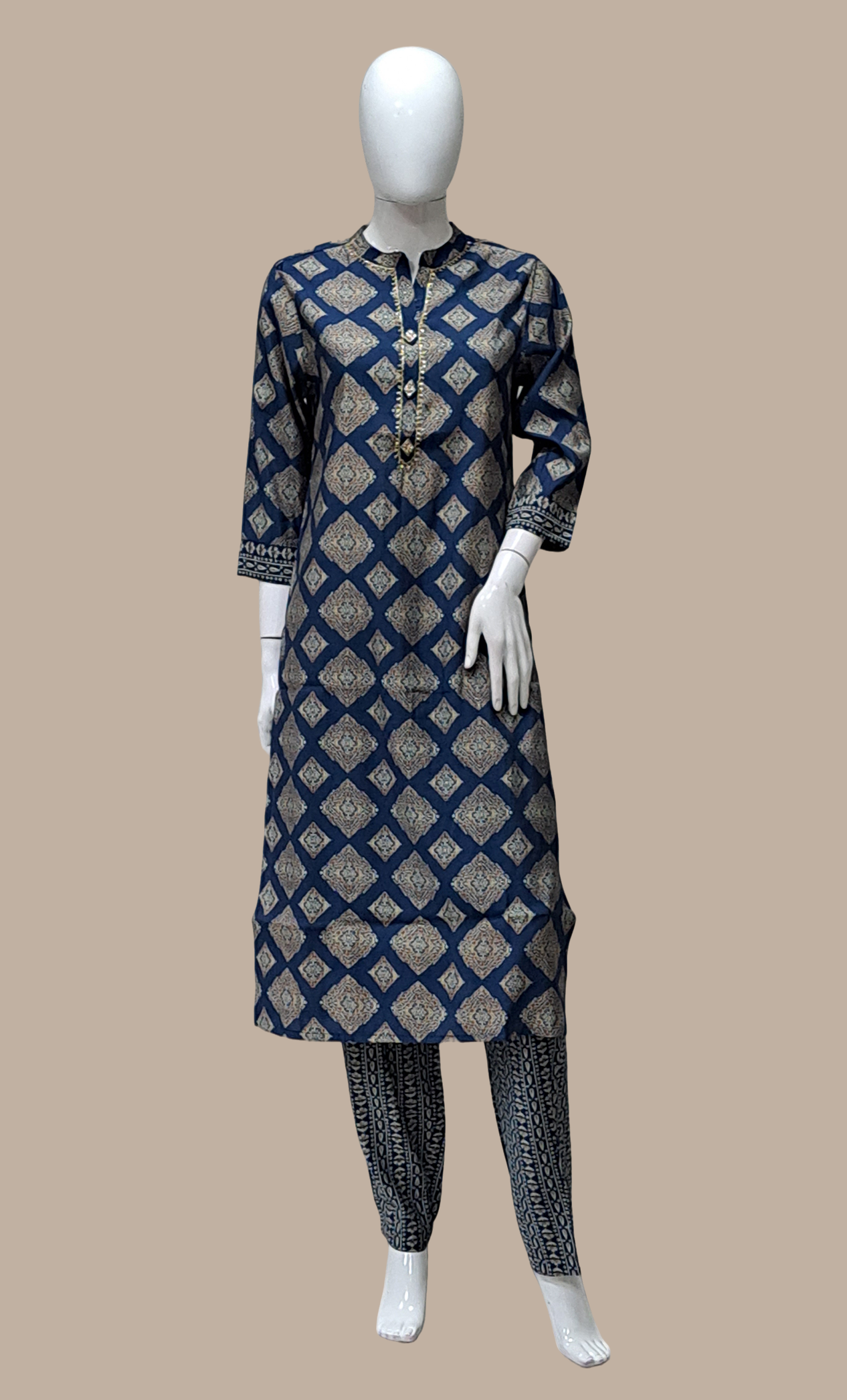 Navy Printed Kurti Top & Pants