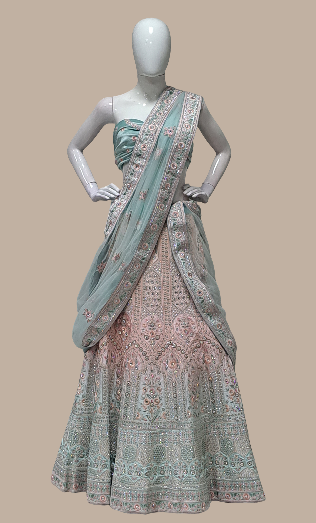 Aqua Green Velvet Embroidered Lengha