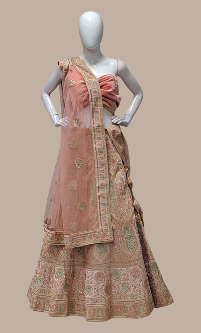 Peach Velvet Embroidered Lengha