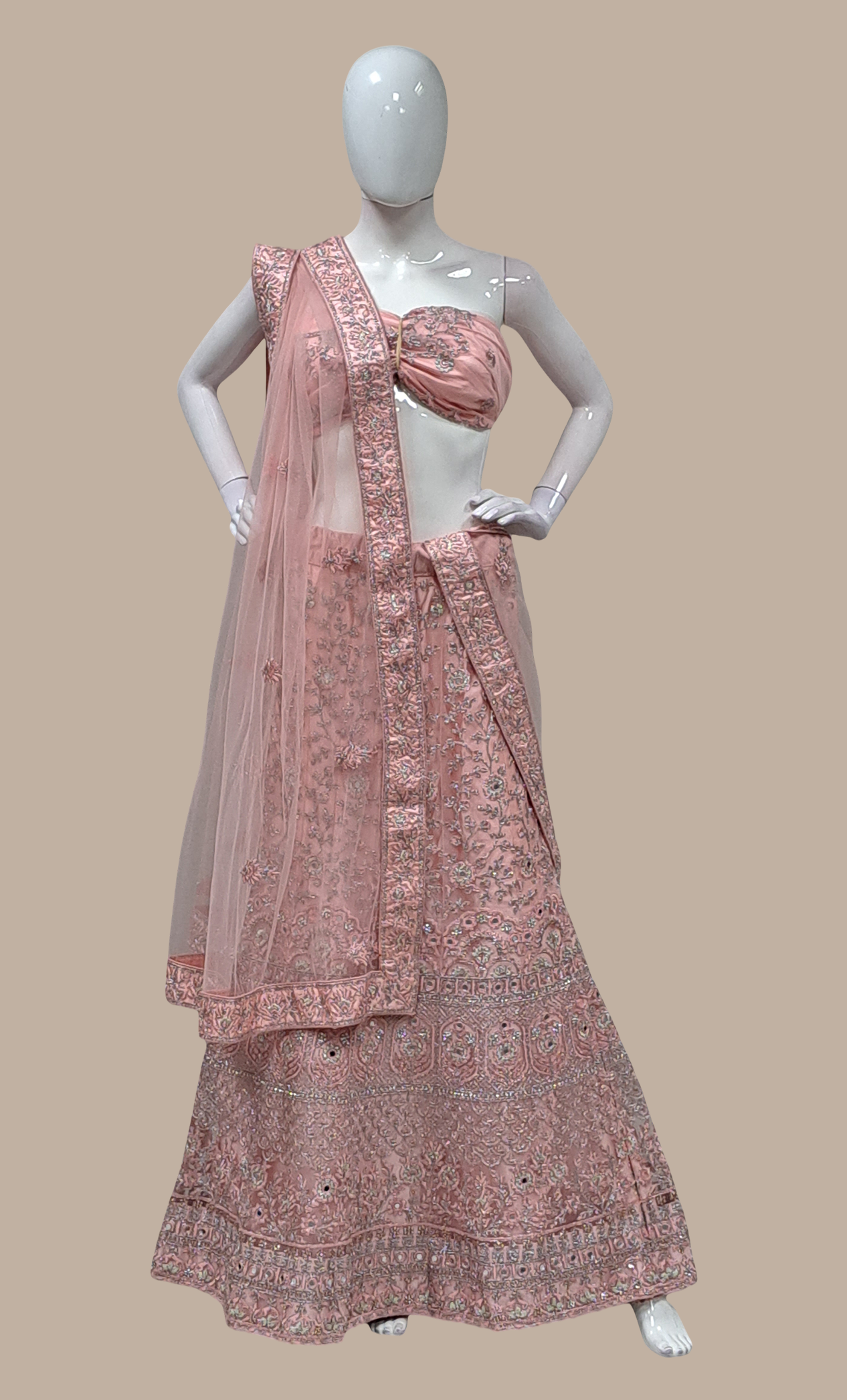 Deep Peach Embroidered Lengha