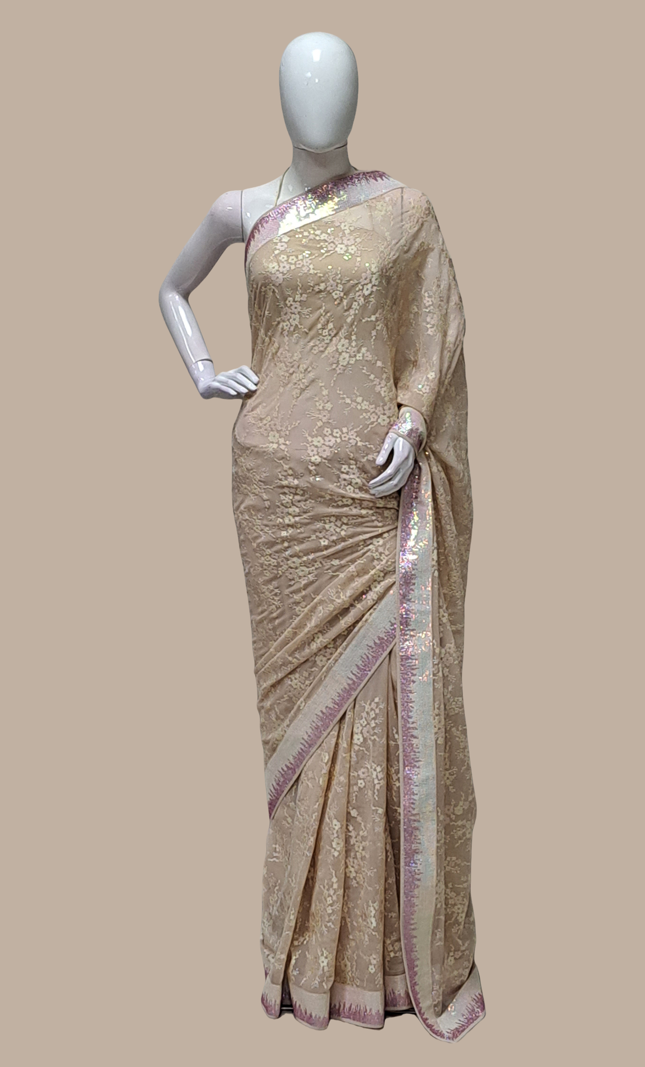 Deep Nude Embroidered Sari