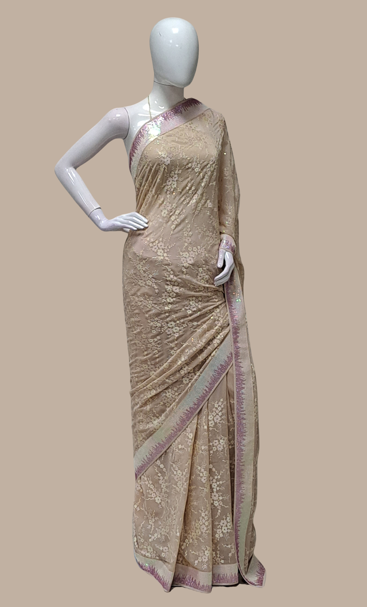 Deep Nude Embroidered Sari