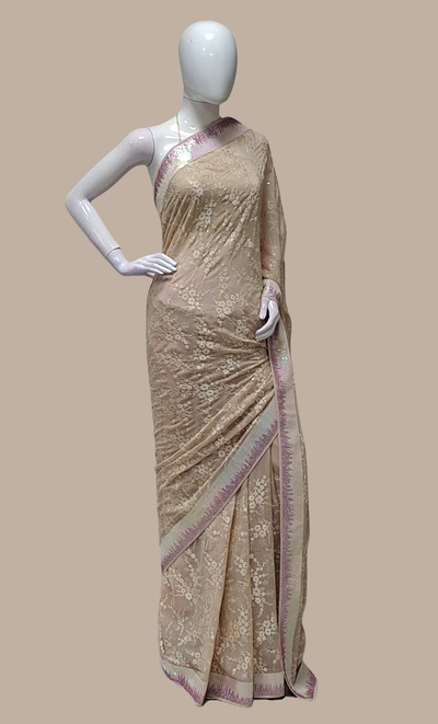 Deep Nude Embroidered Sari