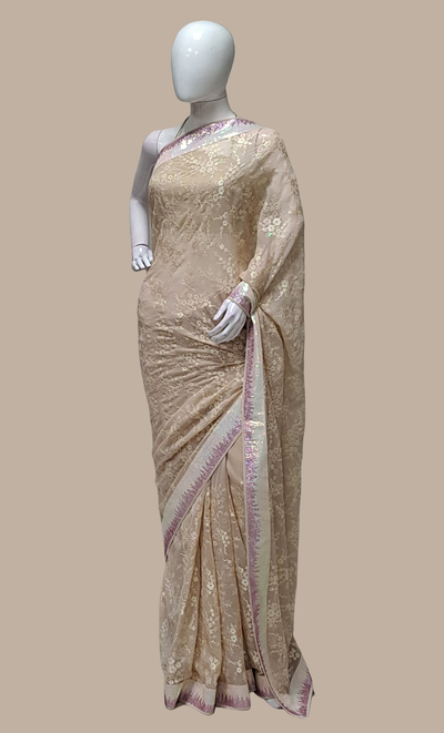 Deep Nude Embroidered Sari