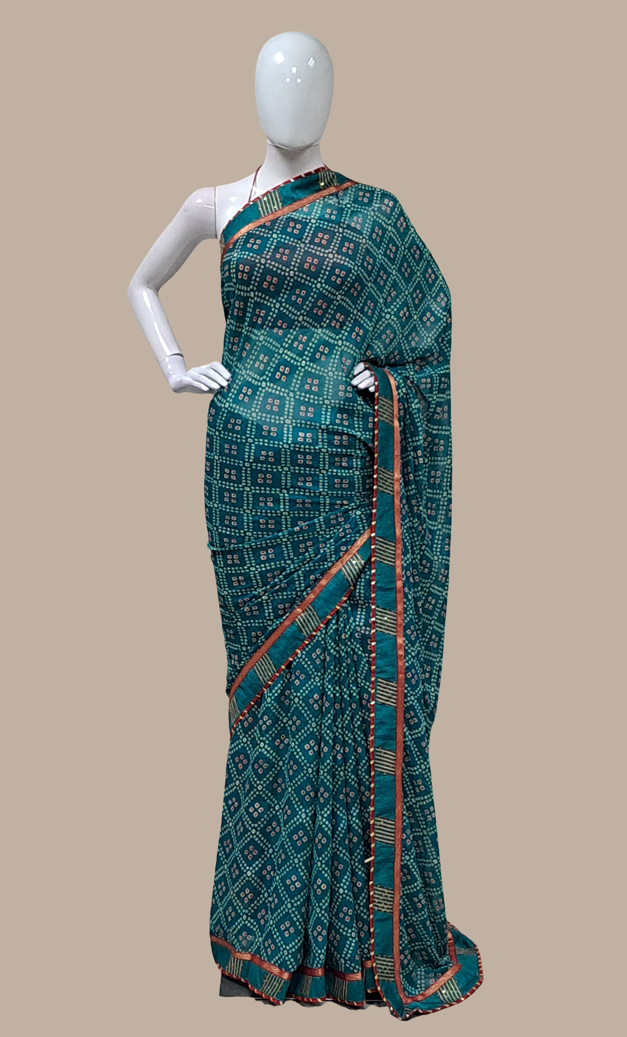 Teal Green Bandhani Printed Sari