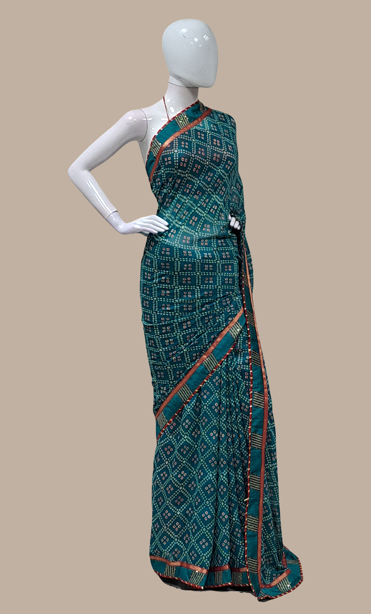 Teal Green Bandhani Printed Sari