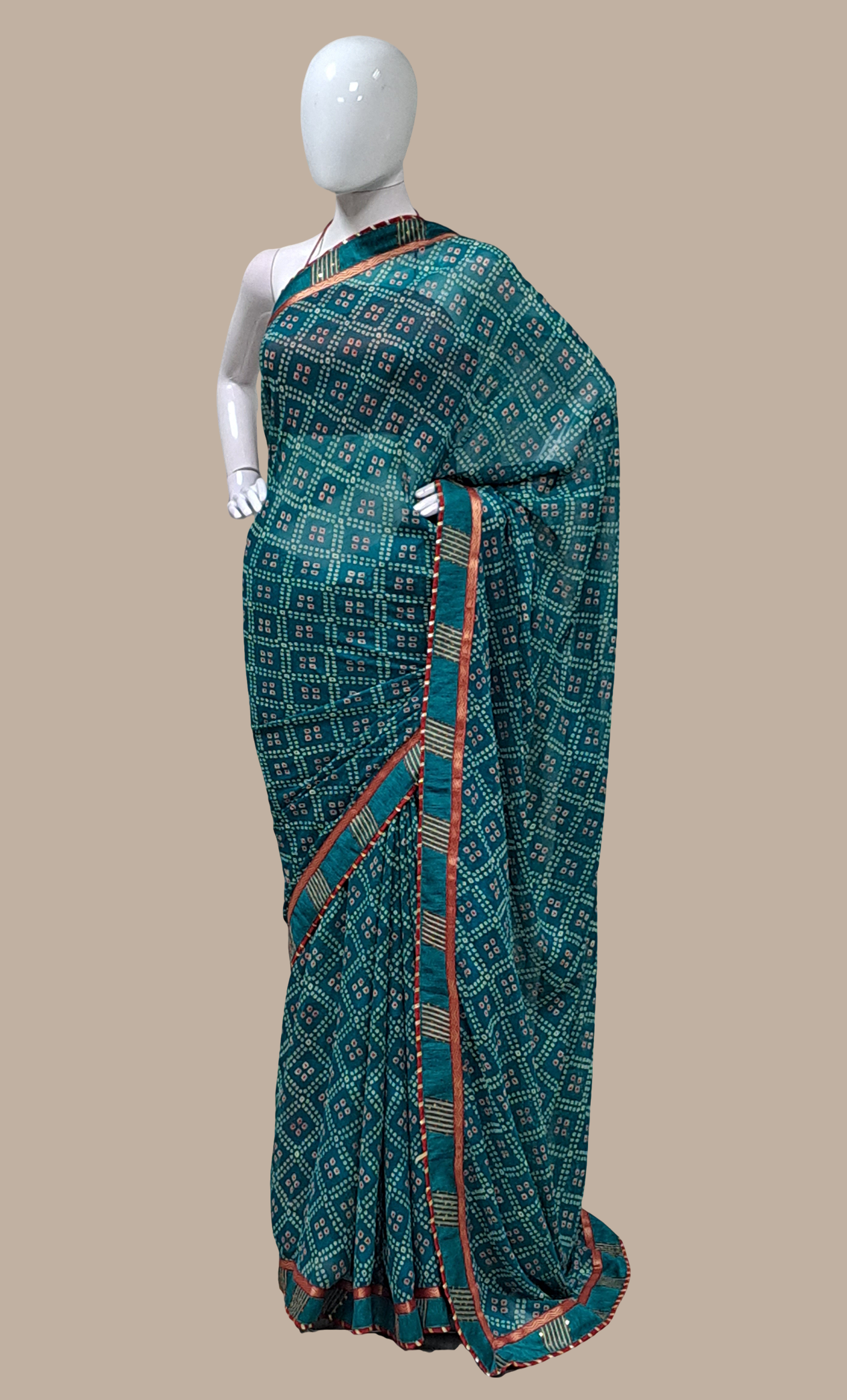 Teal Green Bandhani Printed Sari