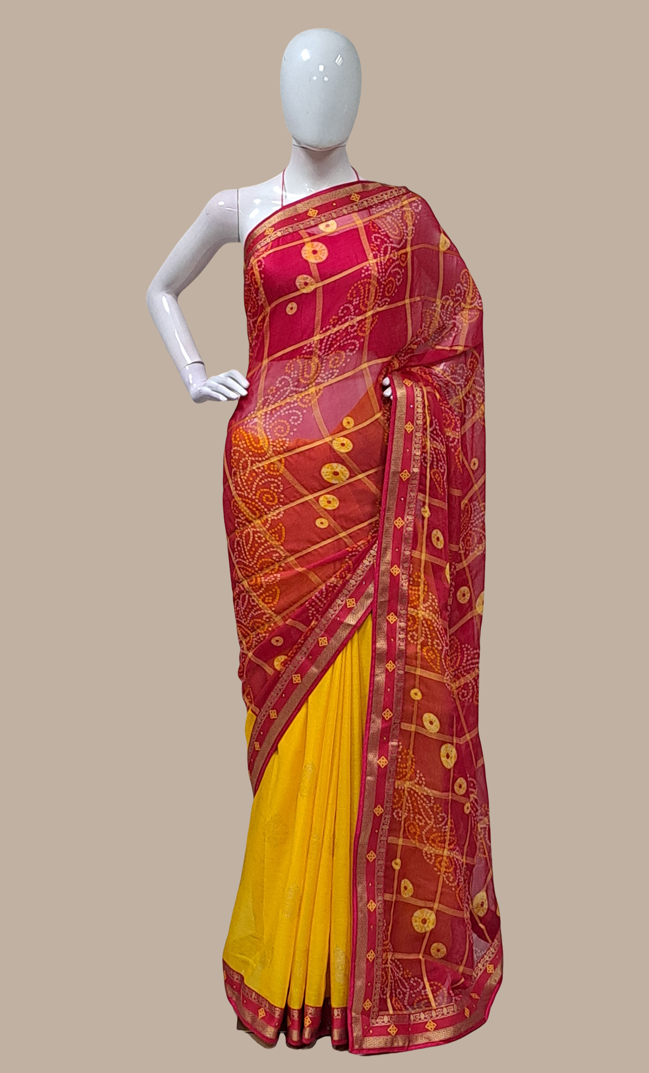 Cerise Bandhani Printed Sari