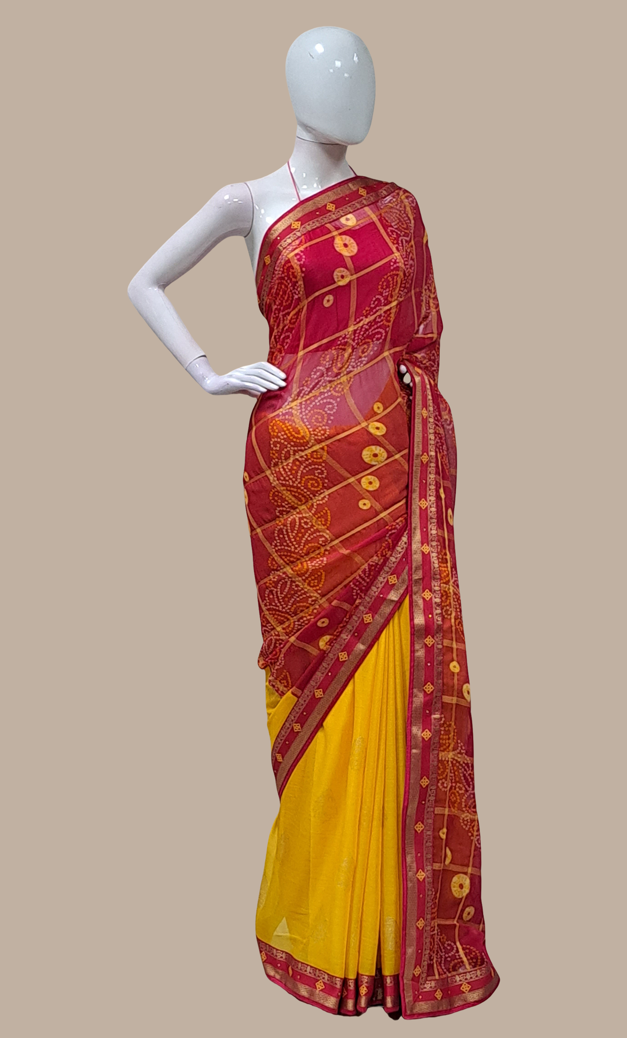 Cerise Bandhani Printed Sari