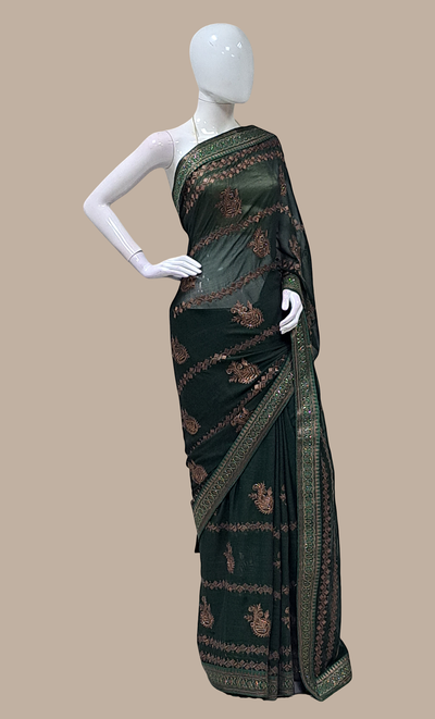 Dark Green Embroidered Sari