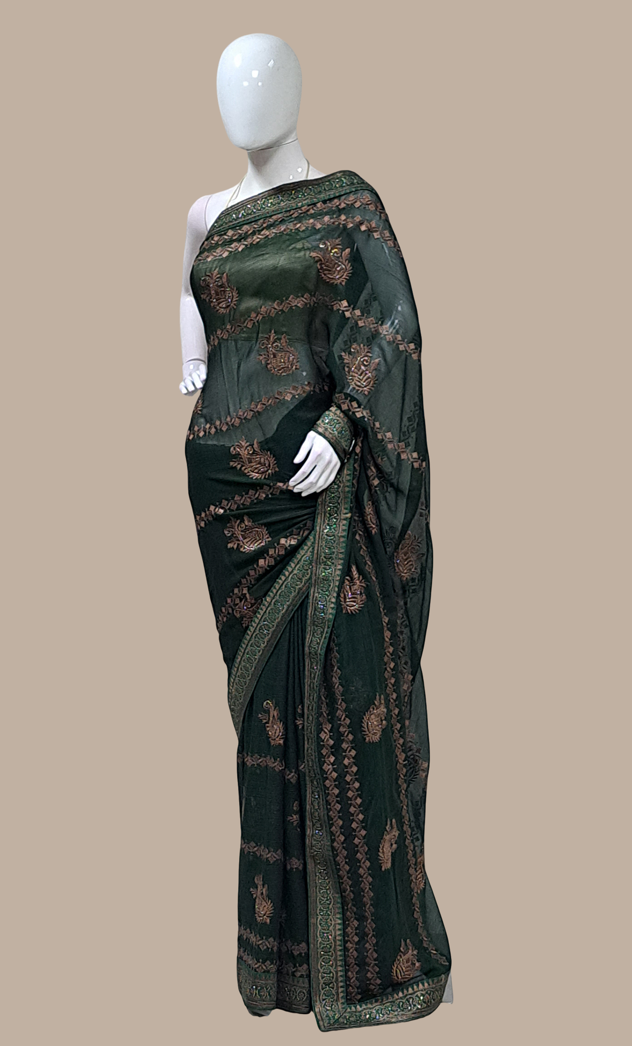 Dark Green Embroidered Sari