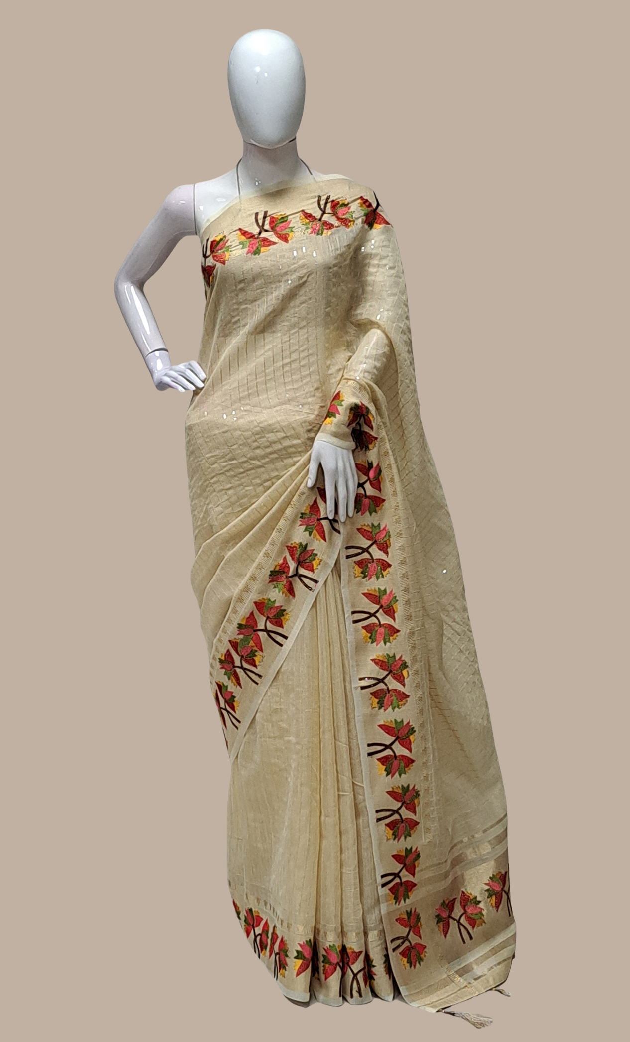 Deep Beige Embroidered Sari