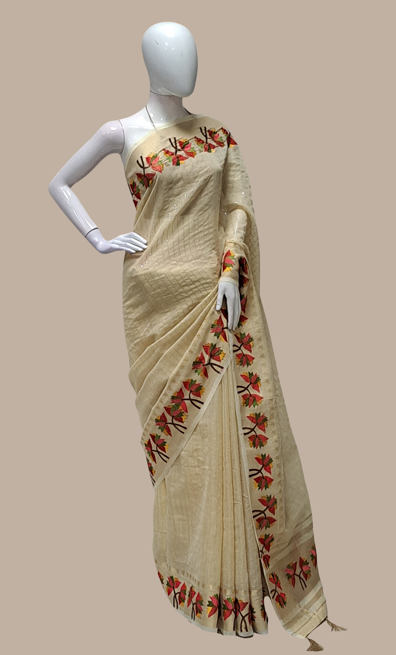 Deep Beige Embroidered Sari