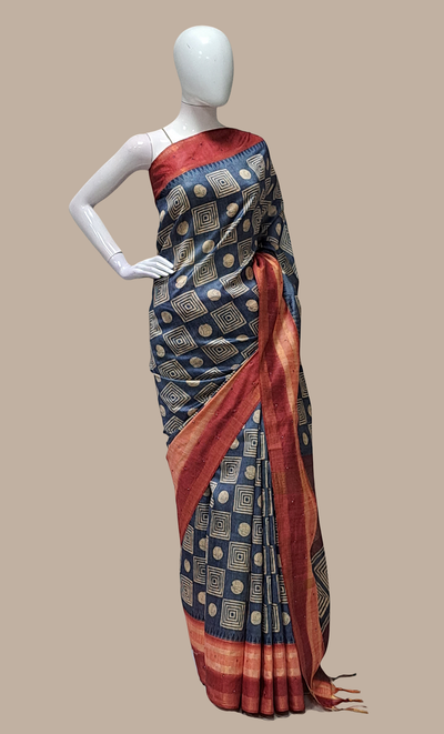 Deep Grey Printed Sari