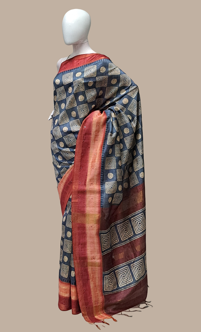 Deep Grey Printed Sari